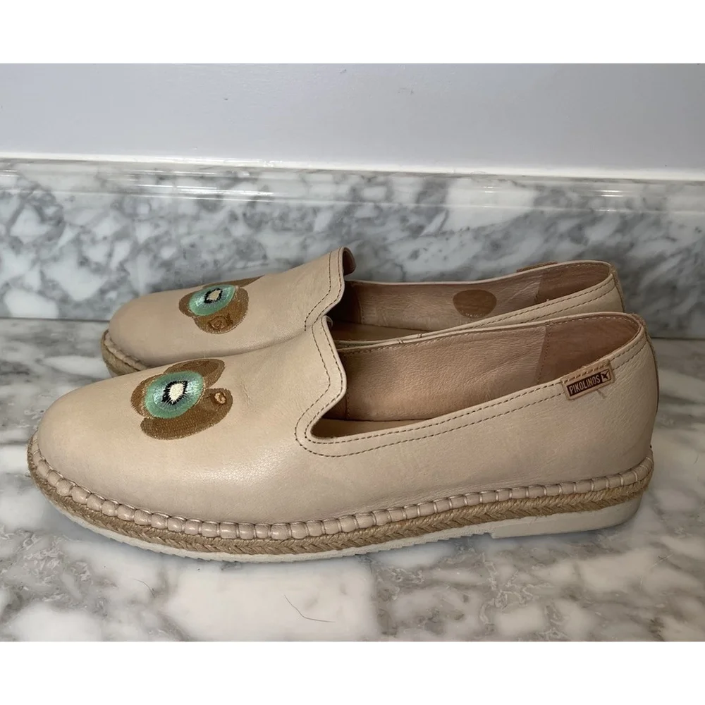 Pikolinos Women’s Leather Espadrille Loafers Size 42 Kiwi Fruit Embroidered